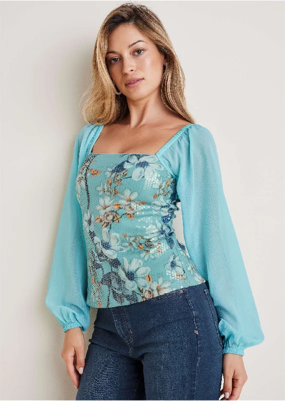 Everyday Chic Opulent Sequin Blouse - Light Blue Multi